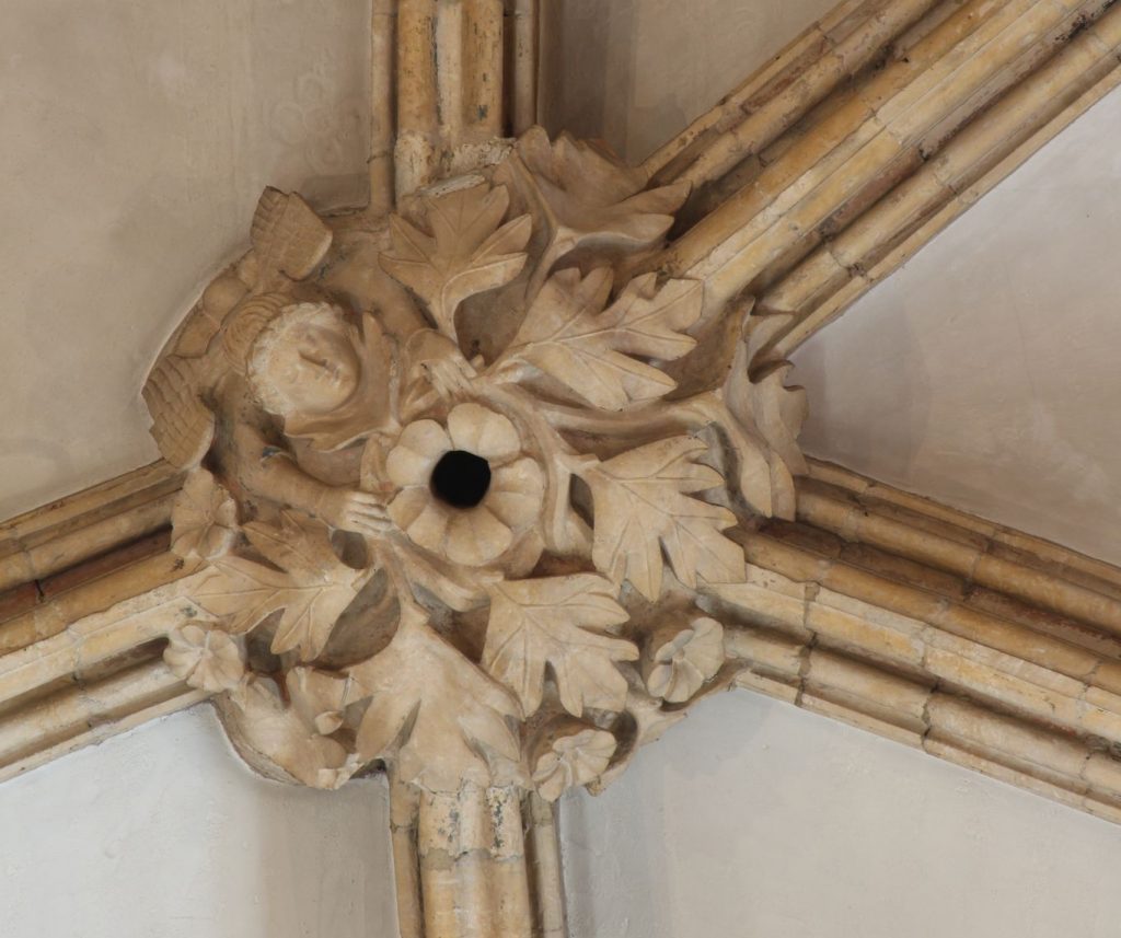 Image of boss in the east crossing at Lincoln Cathedral showing hawthorn in flower