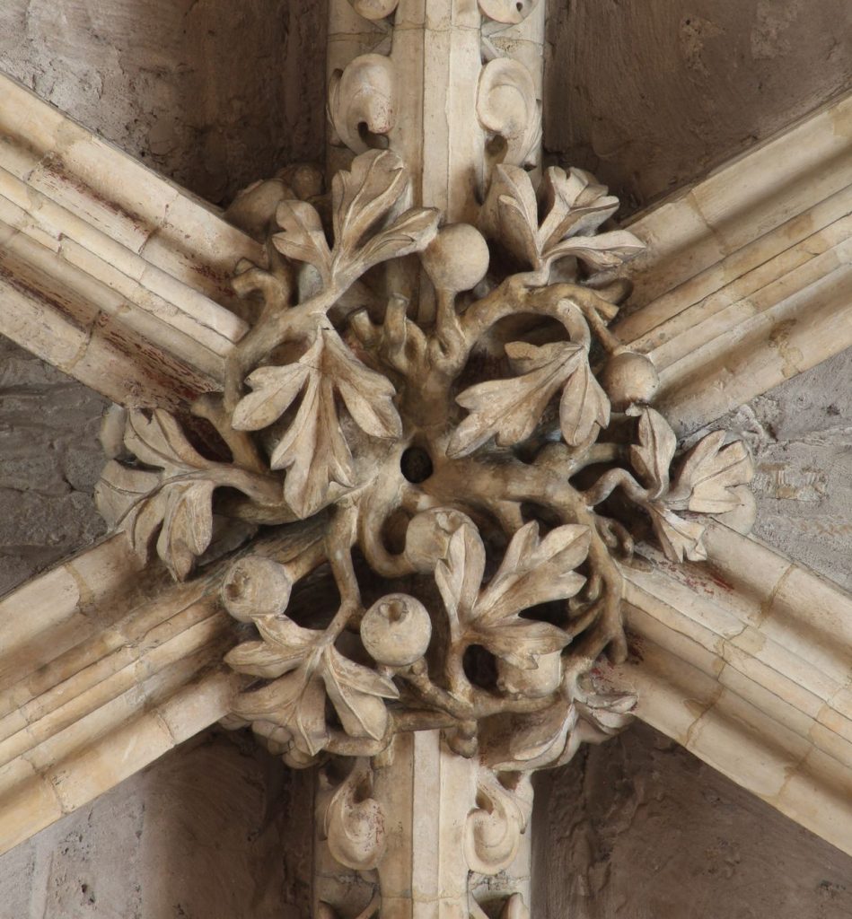 Image of a boss in the Angel Choir at Lincoln Cathedral, showing hawthorn with berries