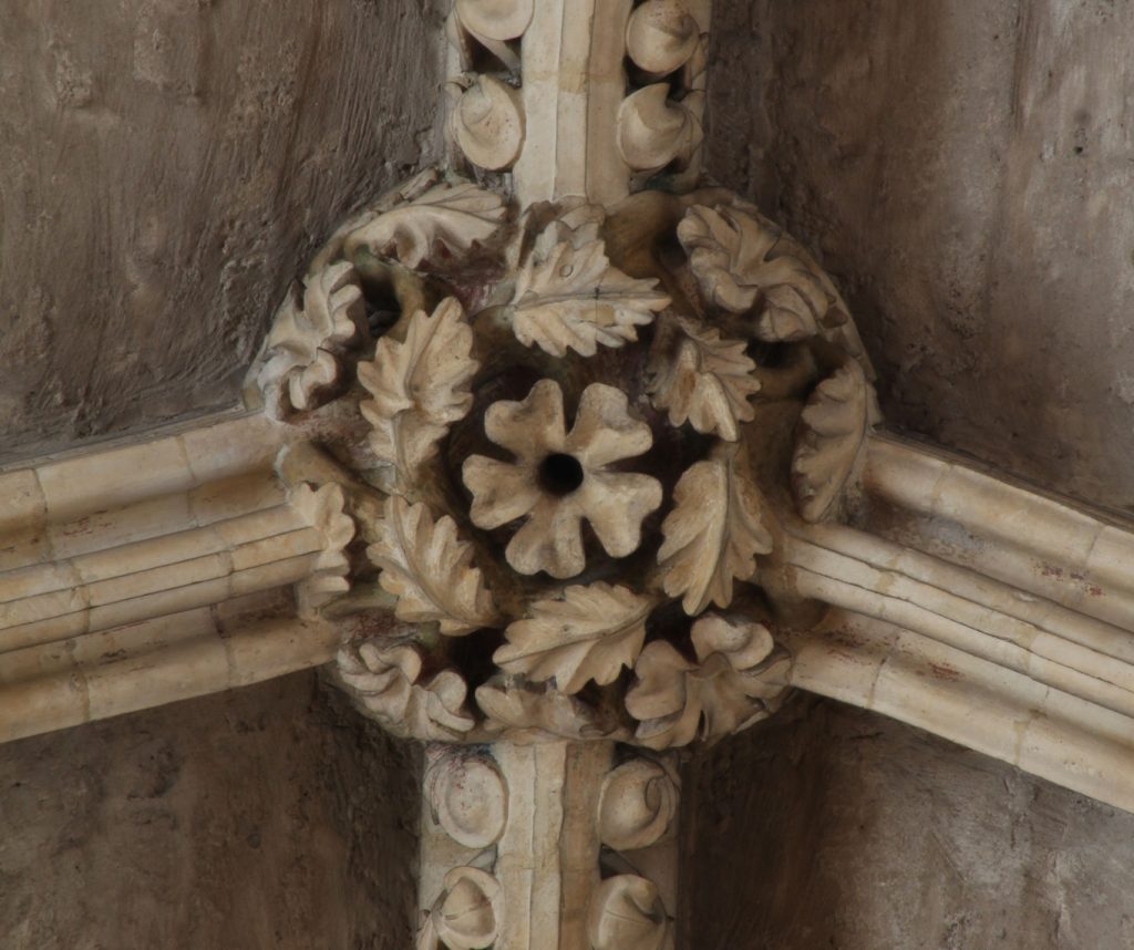 Image of boss in the Angel Choir at Lincoln Cathedral showing oak leaves