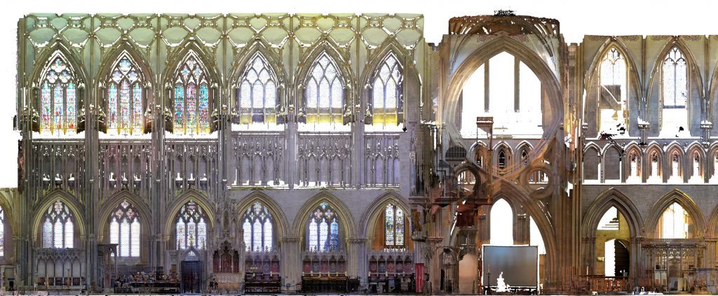 Orthophoto of longitudinal section of the choir, crossing and nave at Wells Cathedral, showing differences in apex height