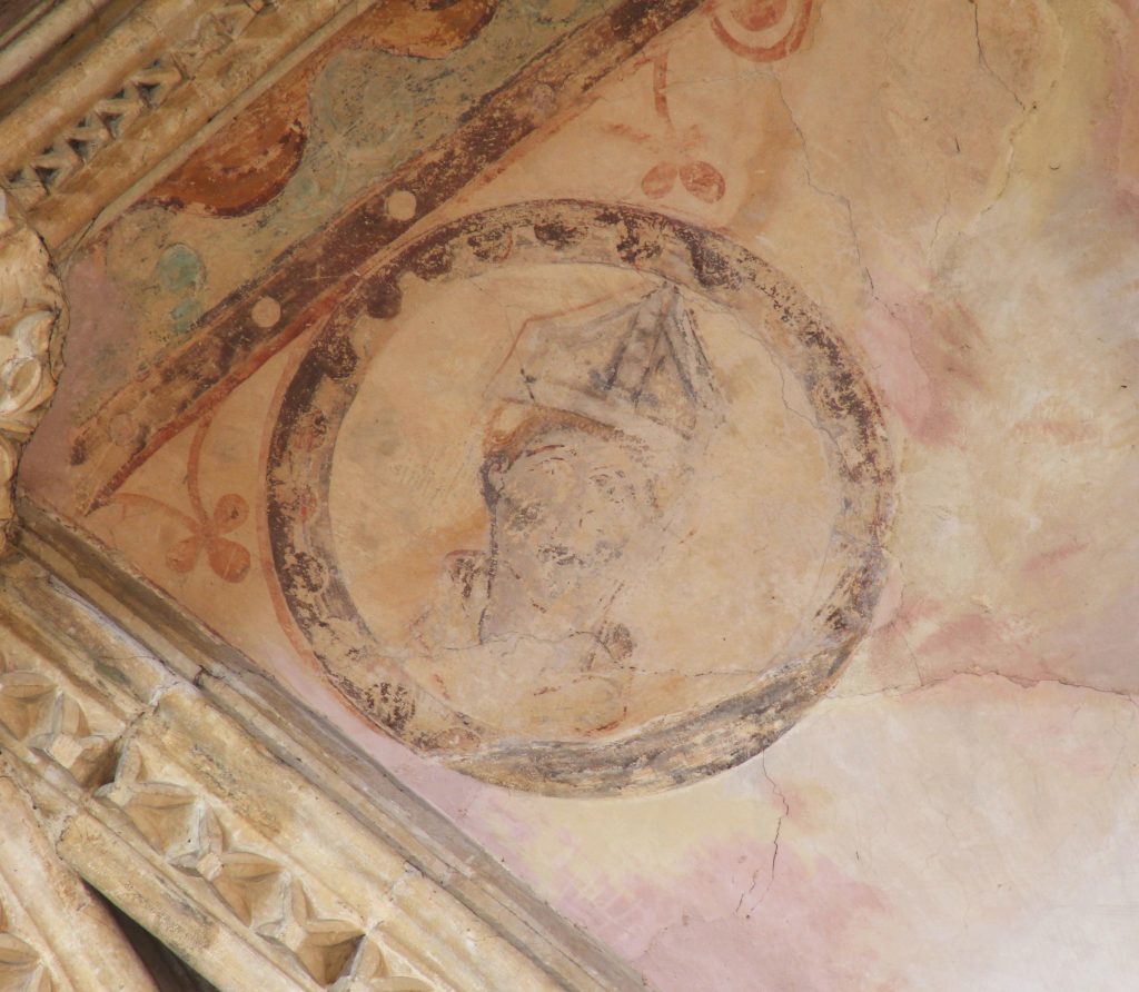 Image of painting adjoining the central boss in south transept at Lincoln, showing a bishop in a roundel