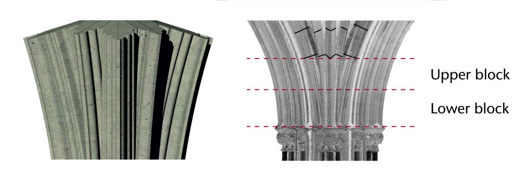 Left: Image of 3D model of tas-de-charge stones in southwest choir aisle at Wells Cathedral; right: orthophoto of longitudinal section of tas-de-charge stones in n southwest choir aisle at Wells Cathedral, showing upper and lower block cuts with horizontal red lines 