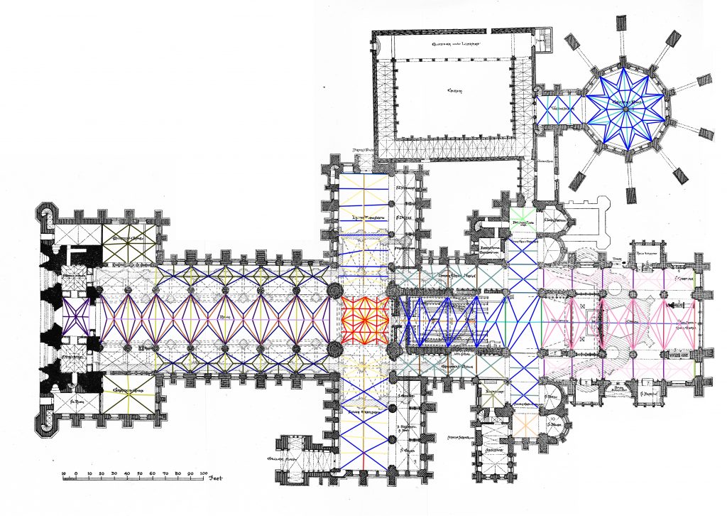 Plan showing variation in rib moulding profiles at Lincoln Cathedral