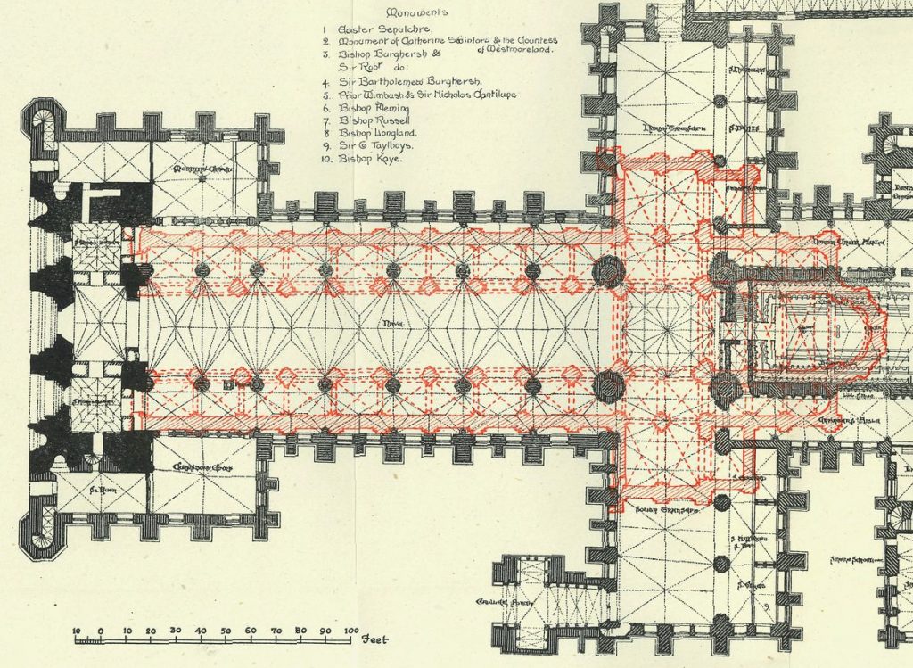 Plan of Lincoln Cathedral showing ground plan of previous iteration of the building in red