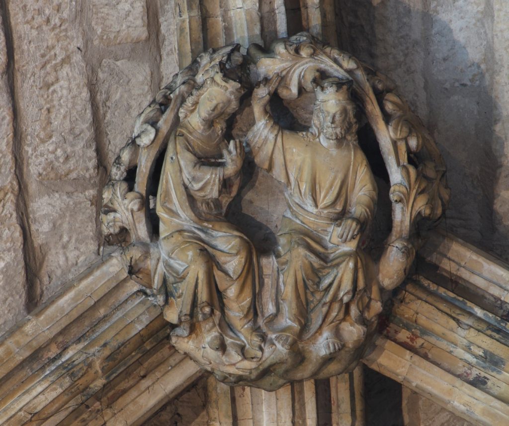 Image of boss in the Angel Choir aisle at Lincoln Cathedral, showing the Coronation of the Virgin