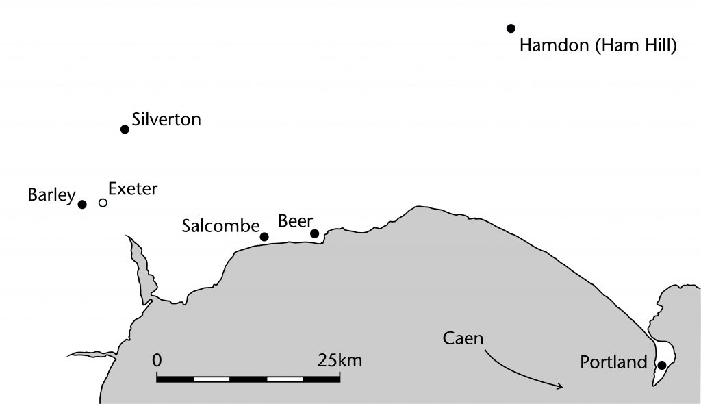 Map of quarry sites used for the works at Exeter Cathedral