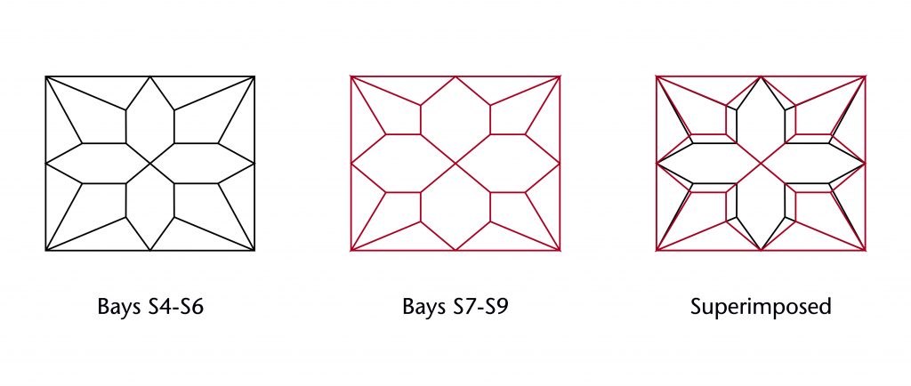 Comparison of design processes within the south choir aisle at Wells Cathedral, showing southeast bays (left), southwest bays (centre) and the two designs superimposed (right)