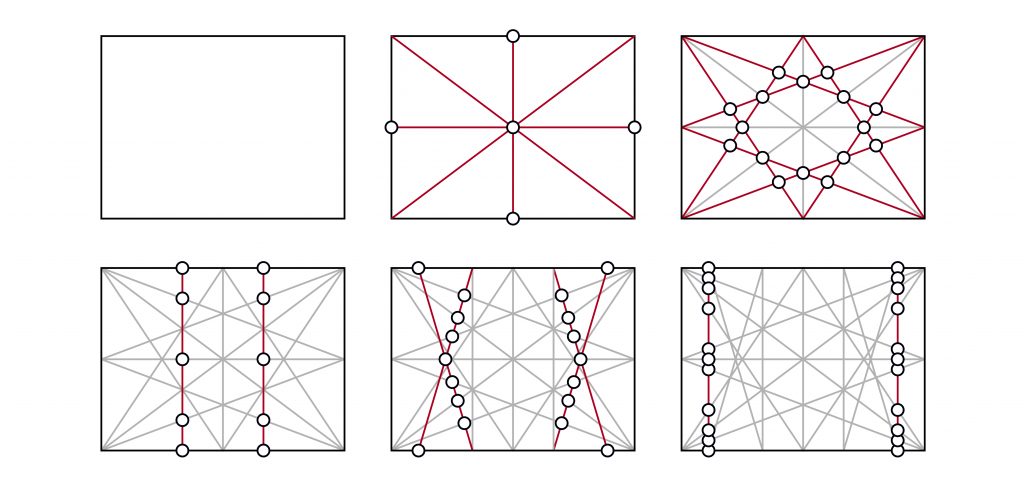 Diagram showing an iterative series of points of intersection generated using a geometrical design process