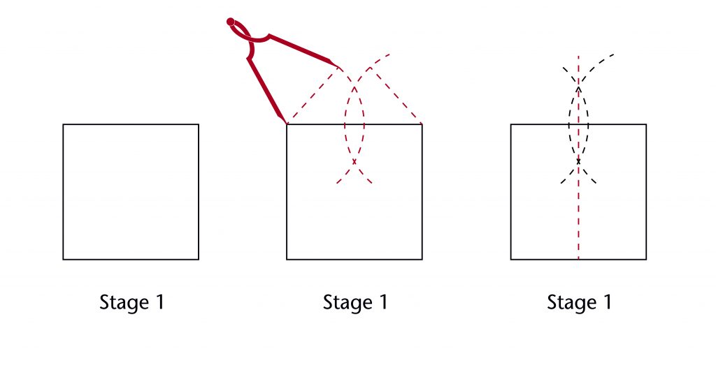 Diagram of step-by-step process for setting out a perpendicular bisector