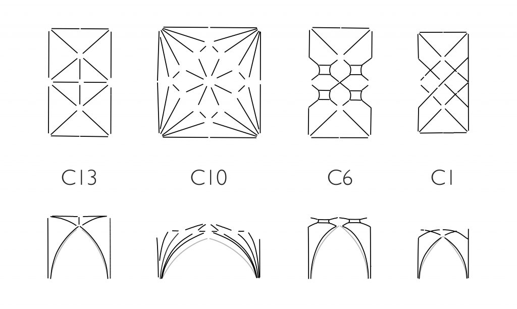 Image of plans and longitudinal sections of vaults at Ottery St Mary 