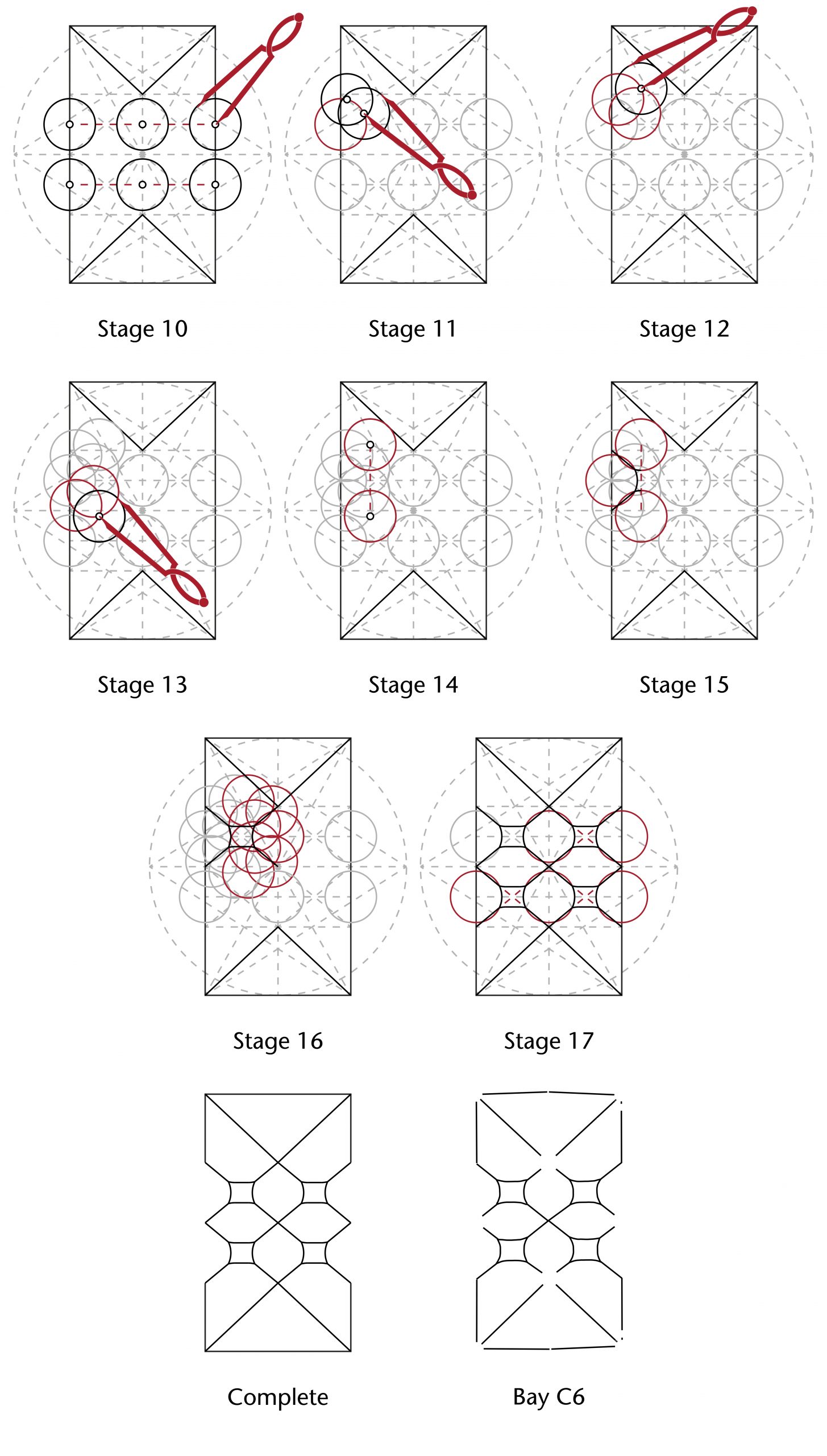 Image of step-by-step process for setting out the vault plan in the choir at Ottery St Mary