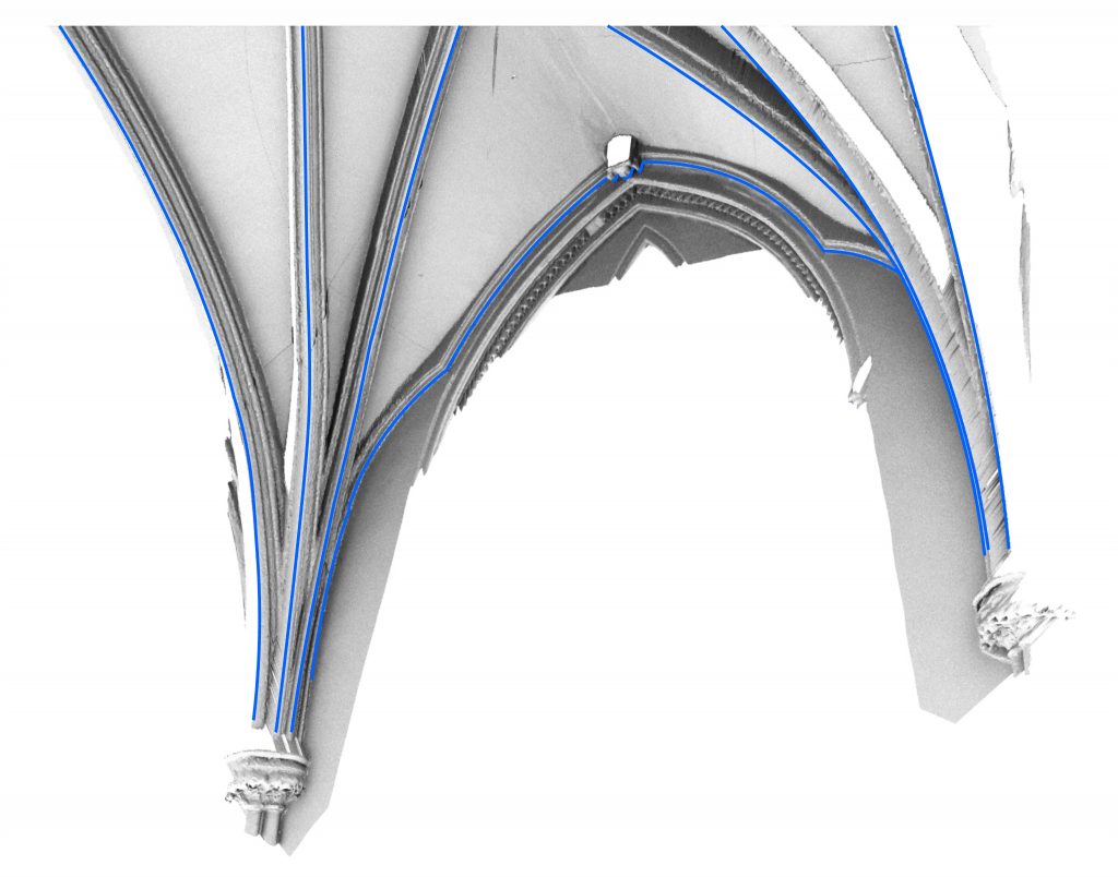 Image of tracing of rib intrados lines in Lady Chapel at Chester Cathedral, showing skewed intrados lines