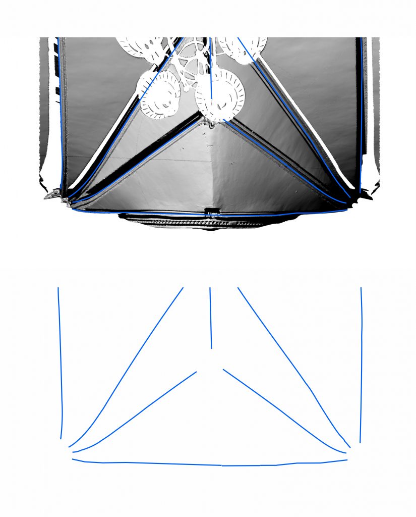 Plan view of tracing of rib intrados lines from Lady Chapel at Chester Cathedral, showing skewed intrados lines