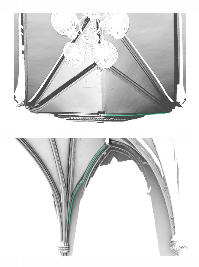 Plan and image of projection method of tracing rib intrados lines in the Lady Chapel at Chester Cathedral