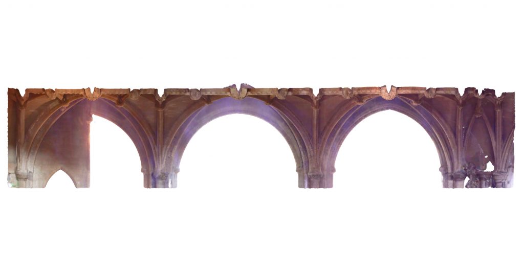 Orthophoto of longitudinal section of north choir aisle at Ely Cathedral, looking north