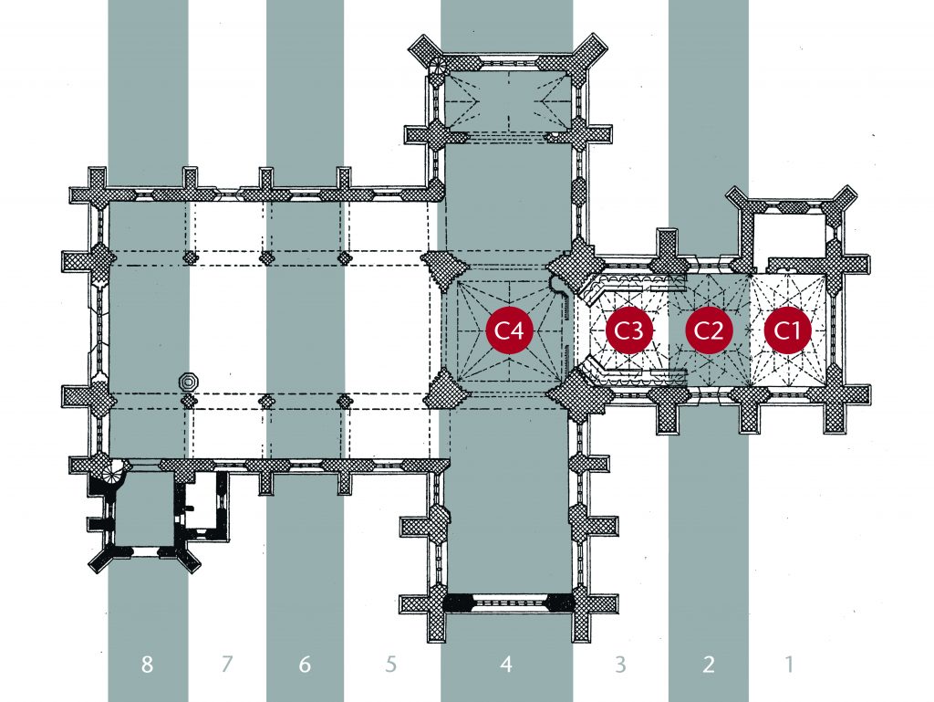 Plan of St Mary's, Nantwich showing locations of selected bays