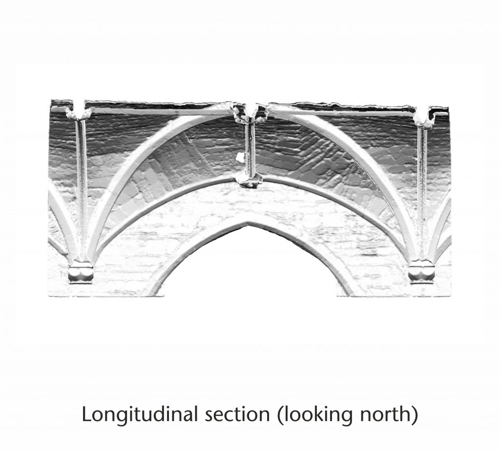 Longitudinal section of normal vector visualisation for the north nave aisle at Tewkesbury Abbey, looking north