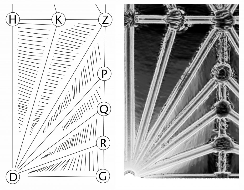 Detail showing course tracing (left) and normal vector visualisation (right) of ploughsharing effect in the choir vault at Exeter Cathedral