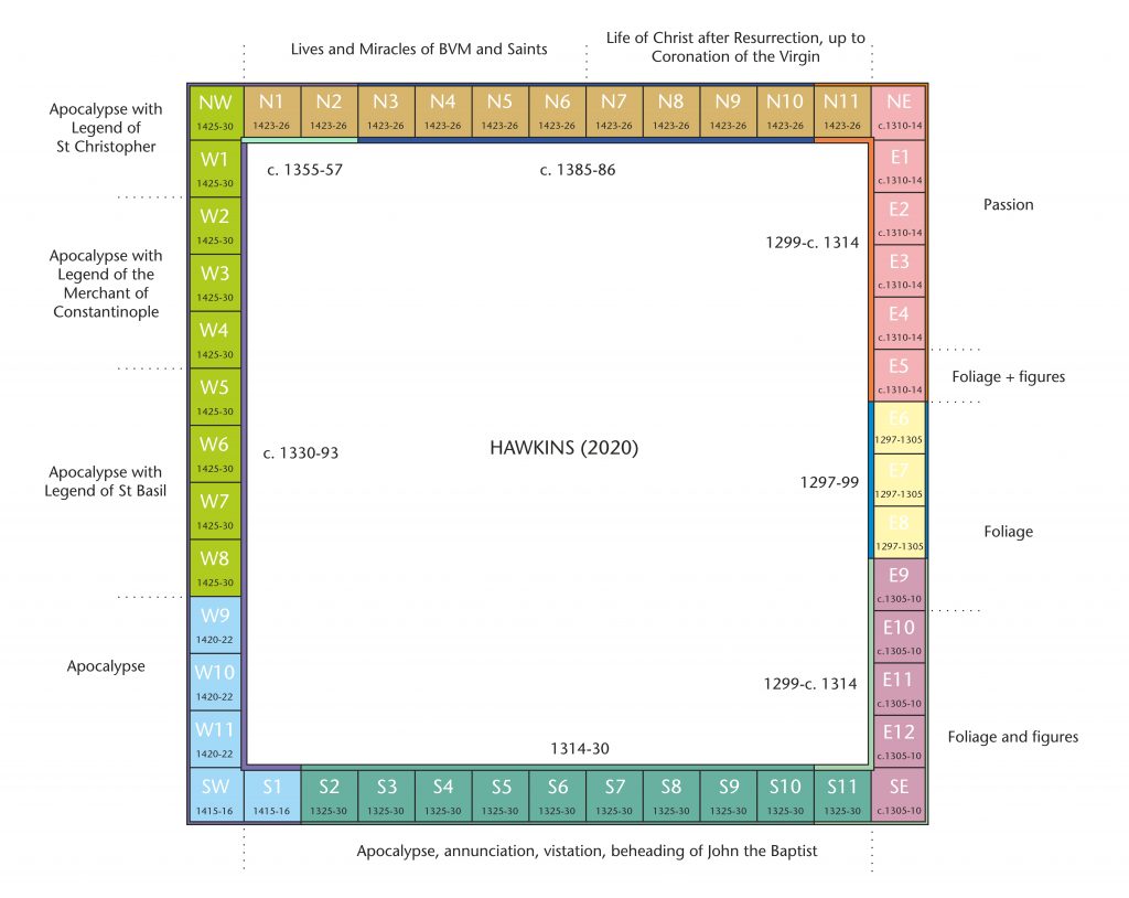 Plan showing Robert Hawkins' construction phases for Norwich Cathedral Cloister