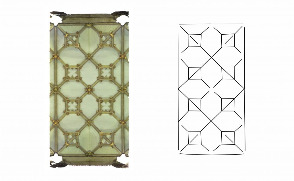 Plan view of mesh and wireframe models of choir vault at Wells Cathedral