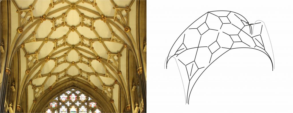 Photograph and wireframe model of the choir vault at Wells Cathedral