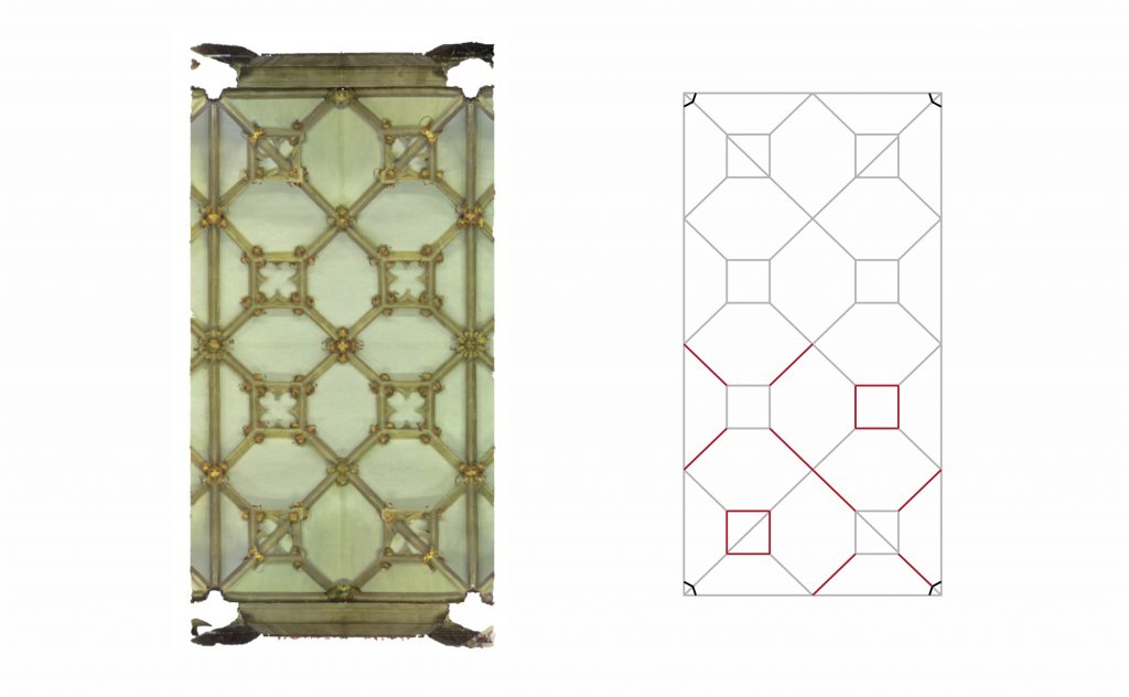 Plan view of choir vault at Wells Cathedral with red lines showing the different spans of ribs within the vault plan