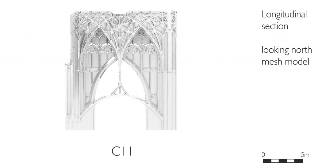 Longitudinal section of mesh model of choir (crossing) at Gloucester Cathedral