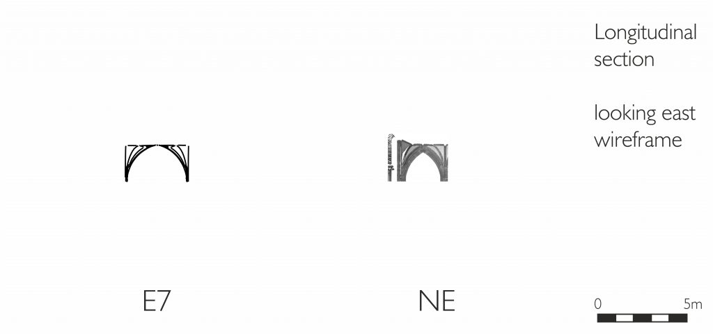 Longitudinal section of wireframe model of east walk of cloister at Wells Cathedral