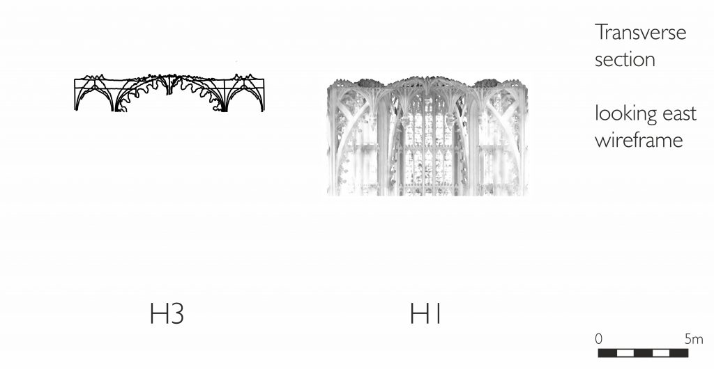 Transverse section of wireframe model of the Henry VII Chapel at Westminster Abbey