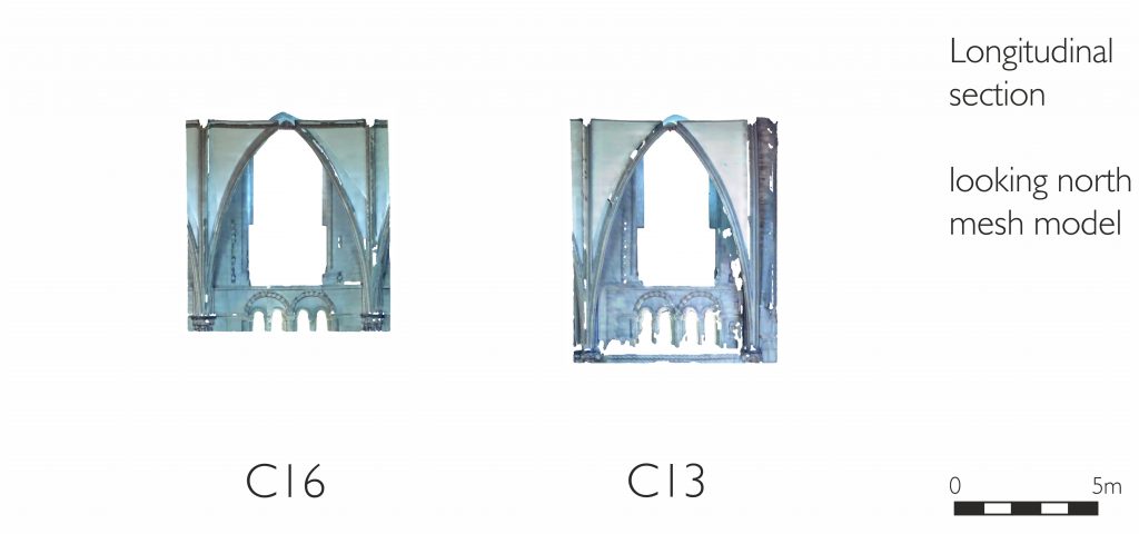 Longitudinal section of wireframe model of south transept at Gloucester Cathedral