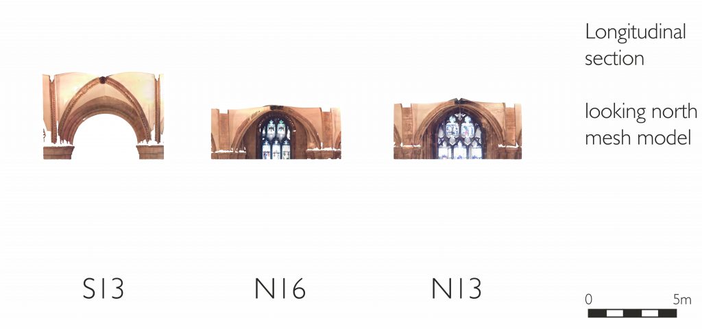 Longitudinal section of mesh model of nave aisles at Gloucester Cathedral