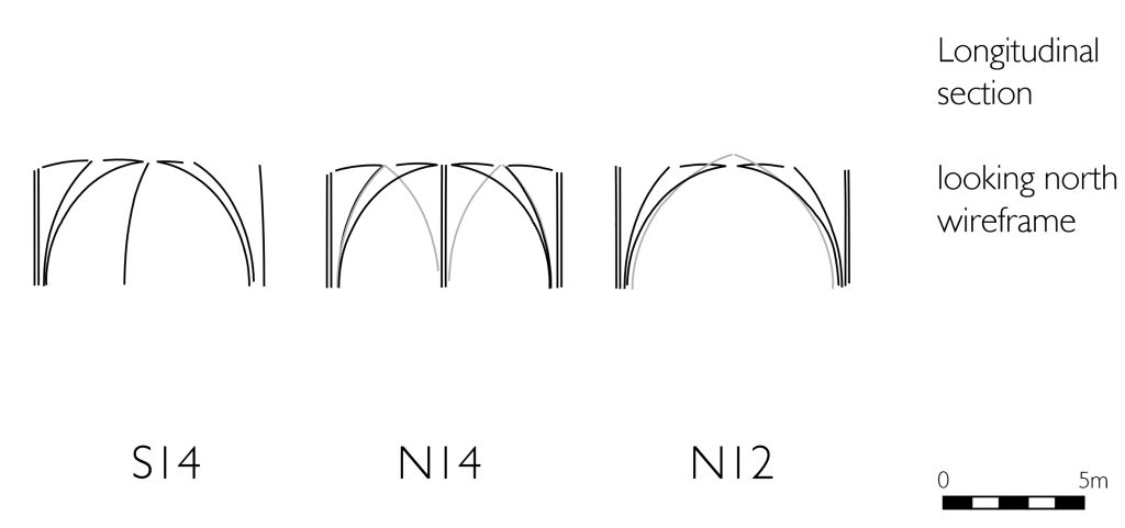 Longitudinal section of wireframe model of nave aisles at Lincoln Cathedral