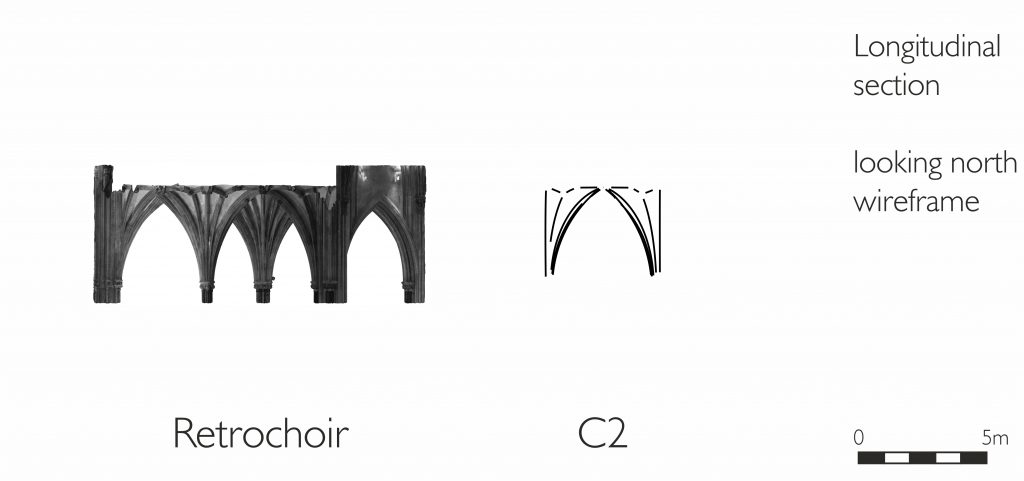 Longitudinal section of wireframe model of retrochoir at Wells Cathedral