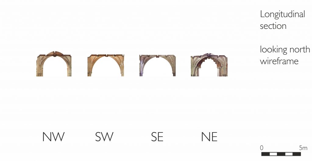 Longitudinal section of mesh model of corner bays of the cloister at Norwich Cathedral