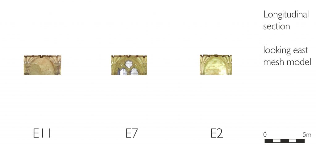 Longitudinal section of mesh model of east walk of the cloister at Norwich Cathedral