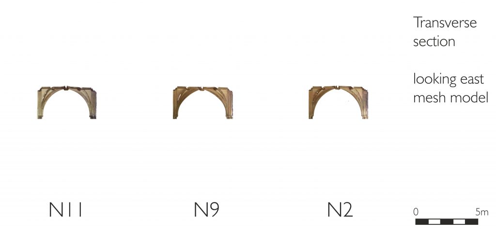 Transverse section of mesh model of north walk of the cloister at Norwich Cathedral