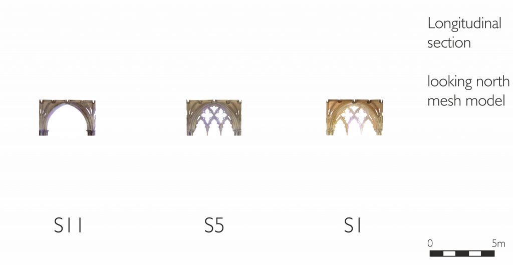 Longitudinal section of mesh model of south walk of the cloister at Norwich Cathedral