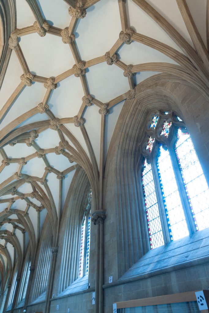 Image of south choir aisle at Wells Cathedral, looking southeast