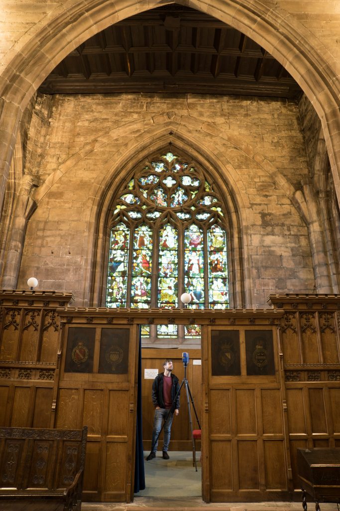 Image of laser scanning in progress in the north transept of St Mary's Church, Nantwich