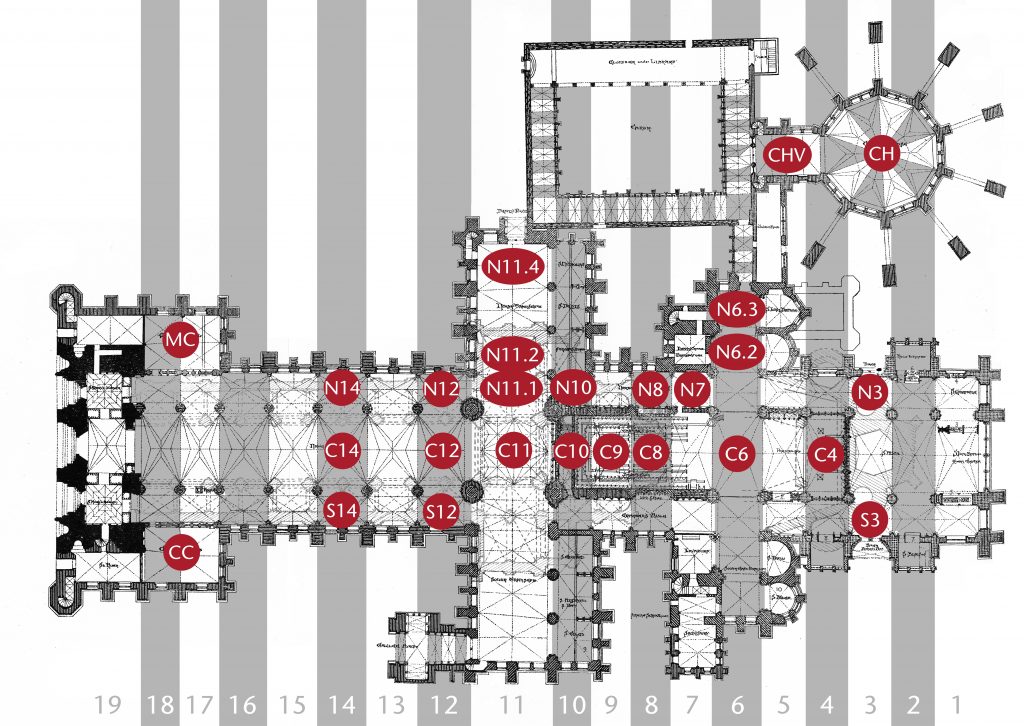 Plan of Lincoln Cathedral showing locations of selected bays