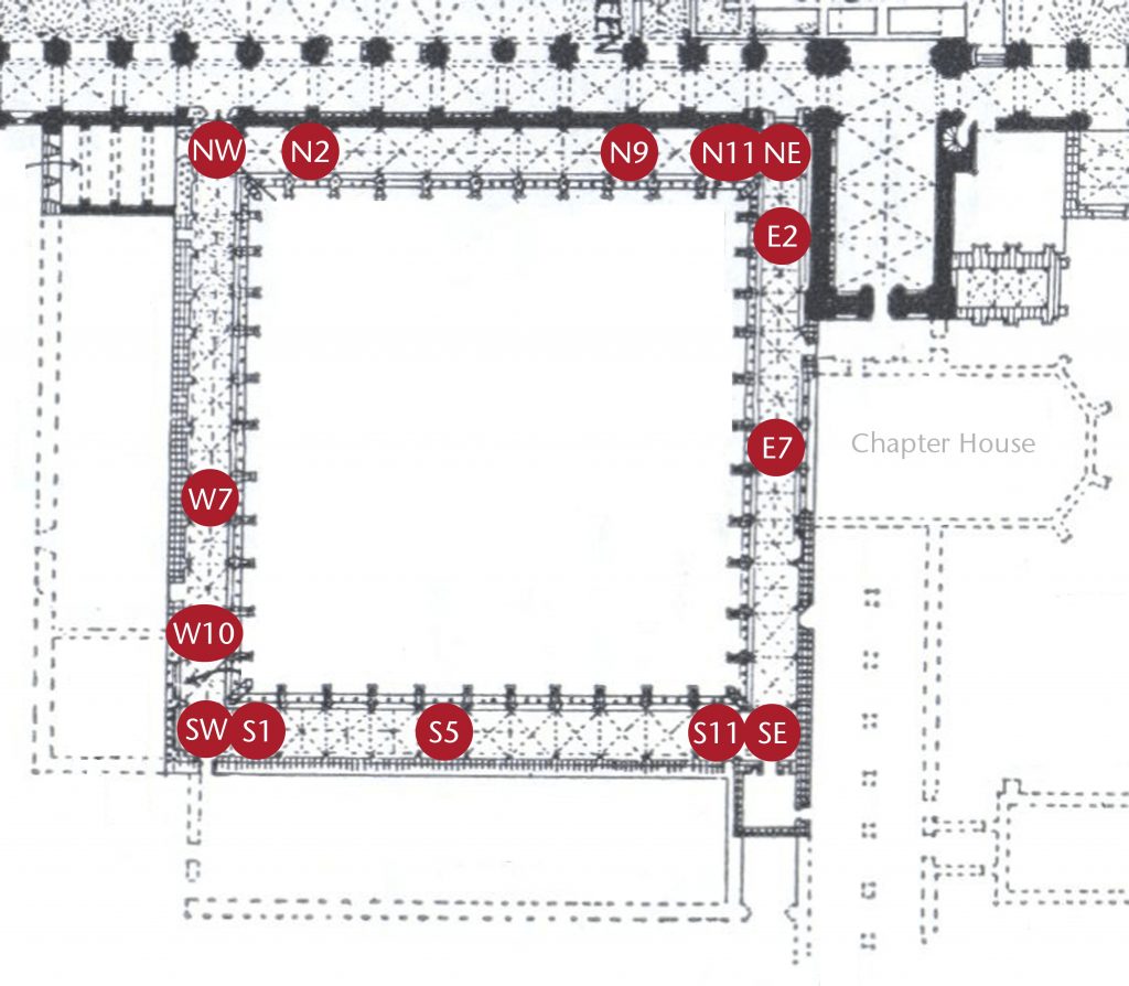 Plan of cloister at Norwich Cathedral showing locations of sample bays