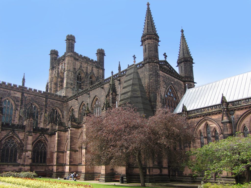 Image of the exterior of Chester Cathedral, east end, looking northwest, photograph by Stephen Hamilton (Wikimedia Commons, CC-BY-SA-3.0-migrated licence)