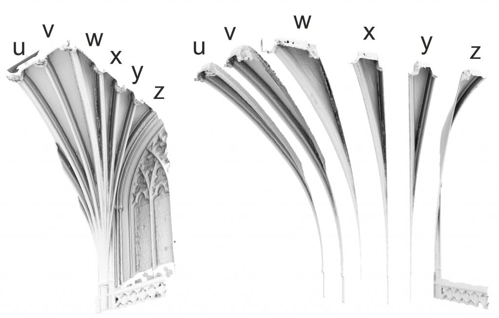 Image of quarter mesh model of the choir vault at Exeter Cathedral (left) with exploded view showing ploughsharing in the web adjacent to the clerestorey window (right)